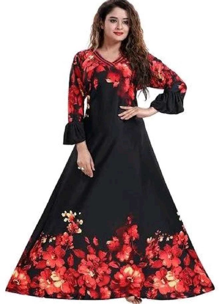 Elegant Black &amp; Red Floral Gown