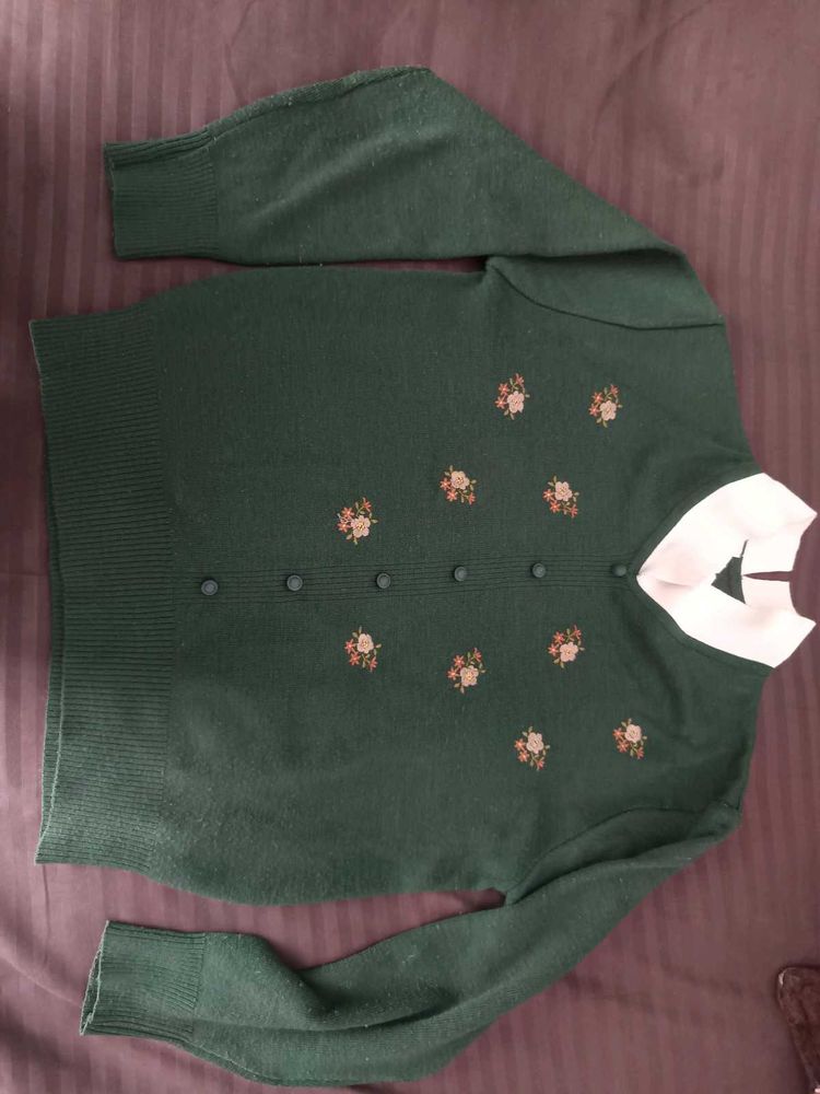 Floral Embroidered Green Cardigan