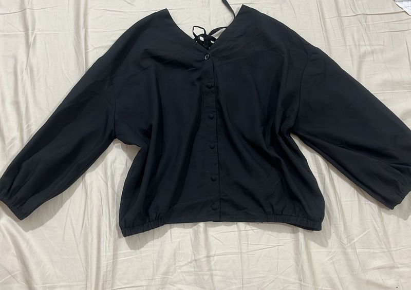 Chic Black Button-Up Blouse with Tie Detail