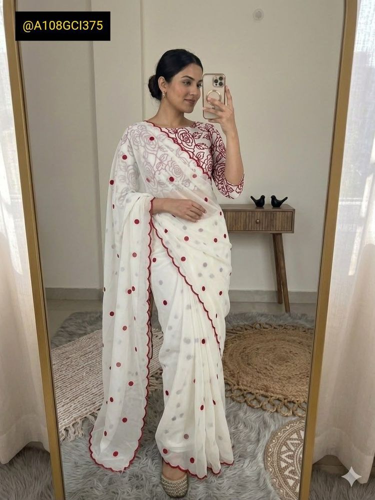 Polka dotted White Saree