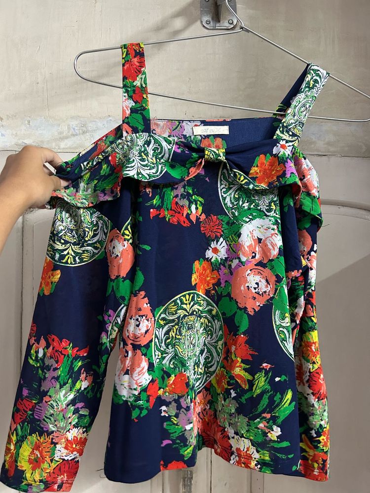 Navy Floral Cold Shoulder Blouse