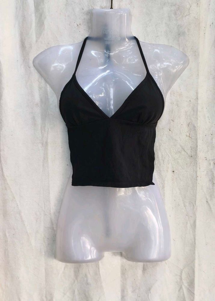 12249. Chic Black Halter Neck Crop Top