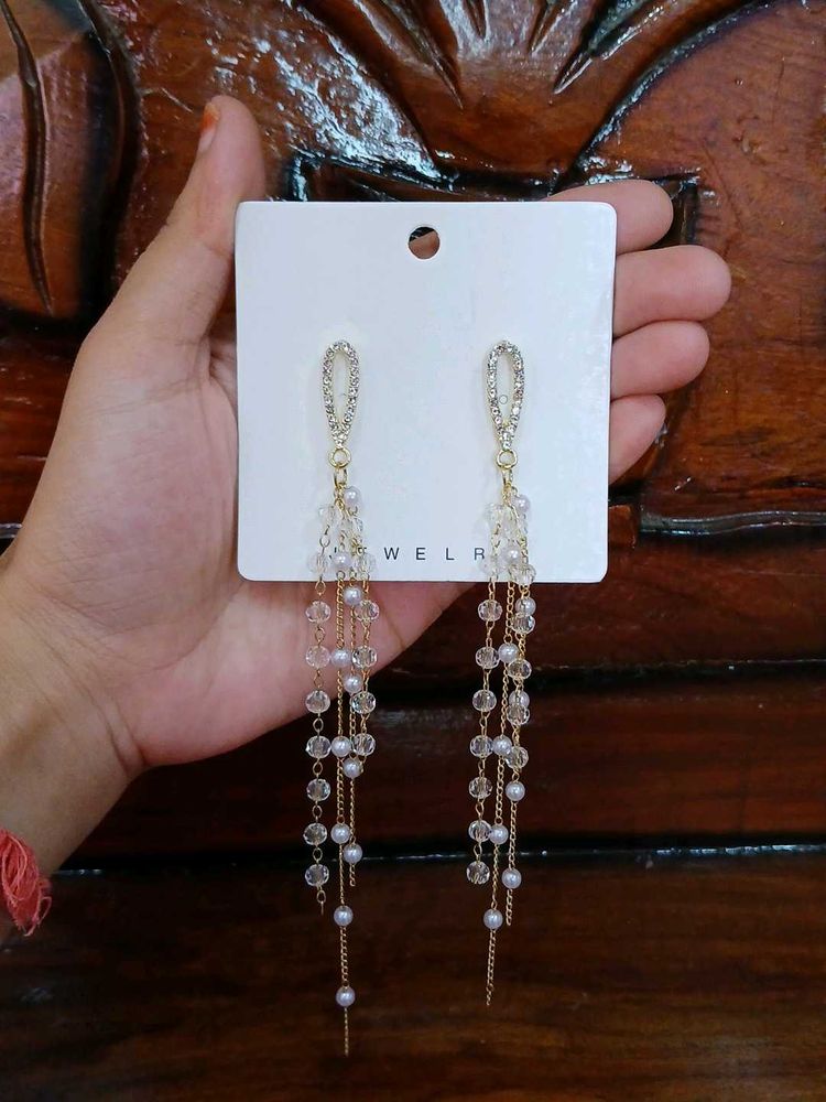 Korean White Dangling Pearl Tassel Crystal Earring
