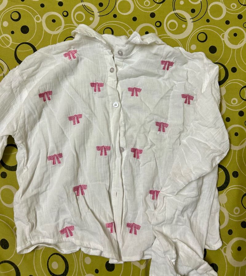 White Button-Up shirt with Pink Bows