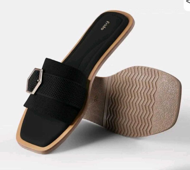 Frido Stylish Black Slides with Buckle Accent