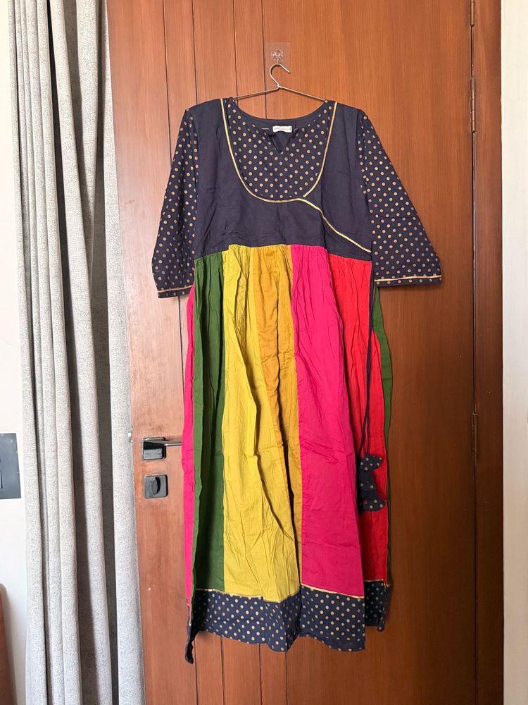 Vibrant Striped Kurta with Gold Print
