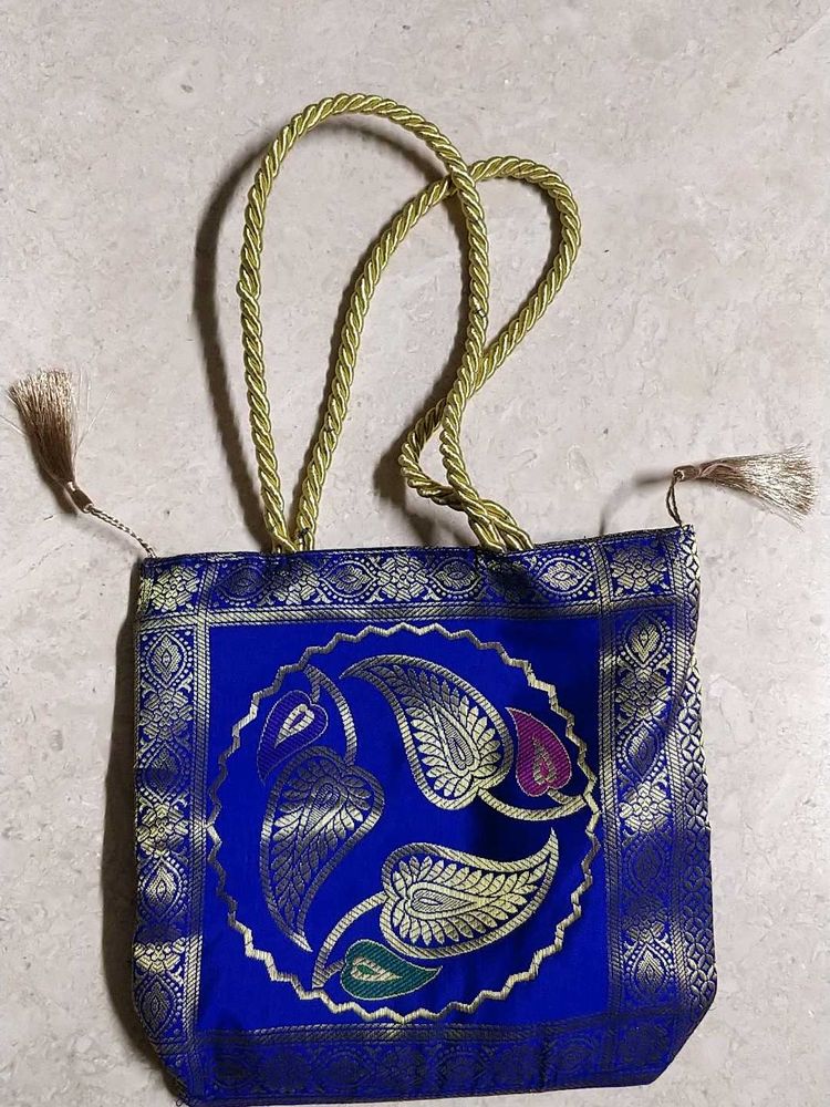 Elegant Blue Brocade Tote Bag