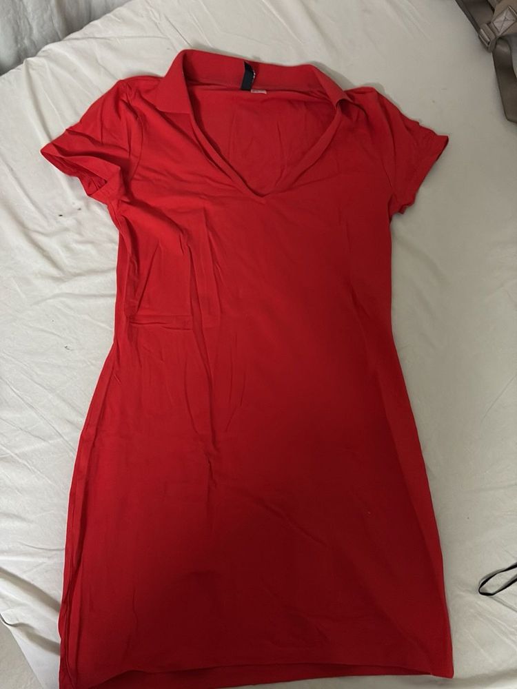 V-Neck Red Casual Dress