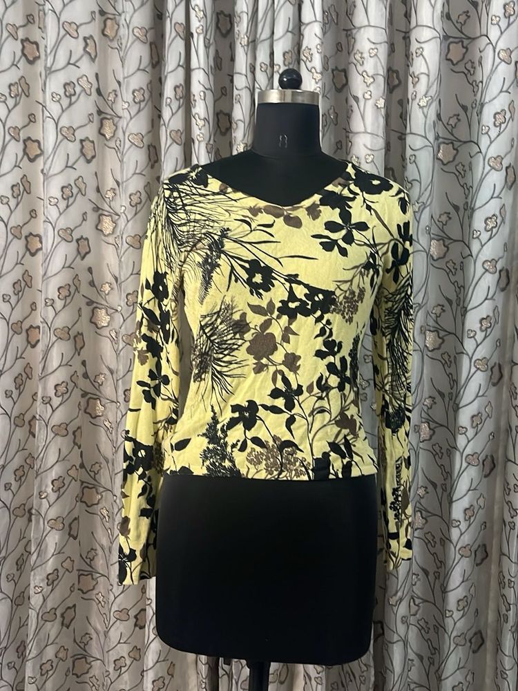 Yellow Floral Print Long Sleeve Top
