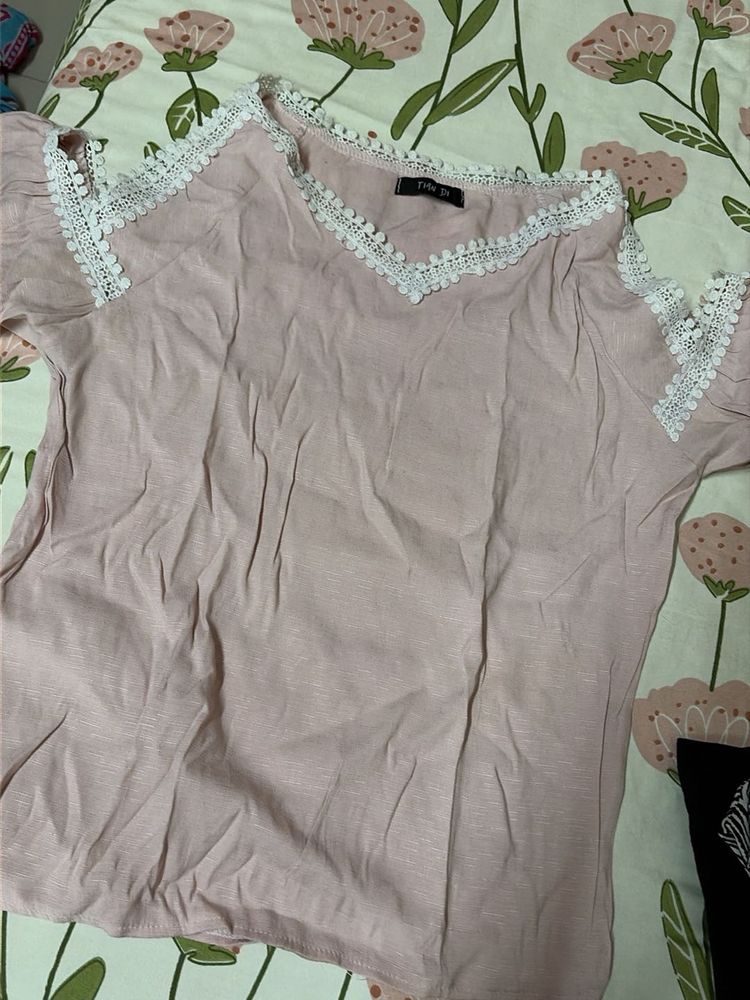 Pink Cold Shoulder Top with Lace Trim