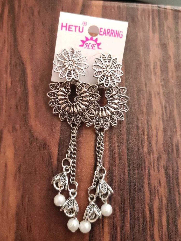 Oxidized Silver Jhumka Earrings with Pearls