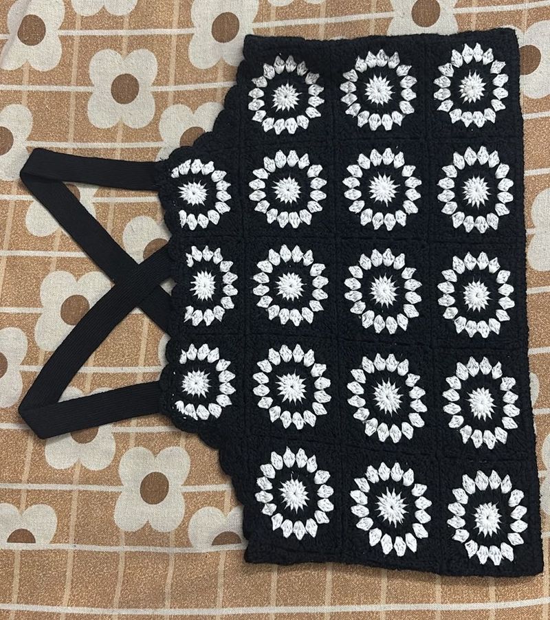 Crocheted Black &amp; White Floral Top