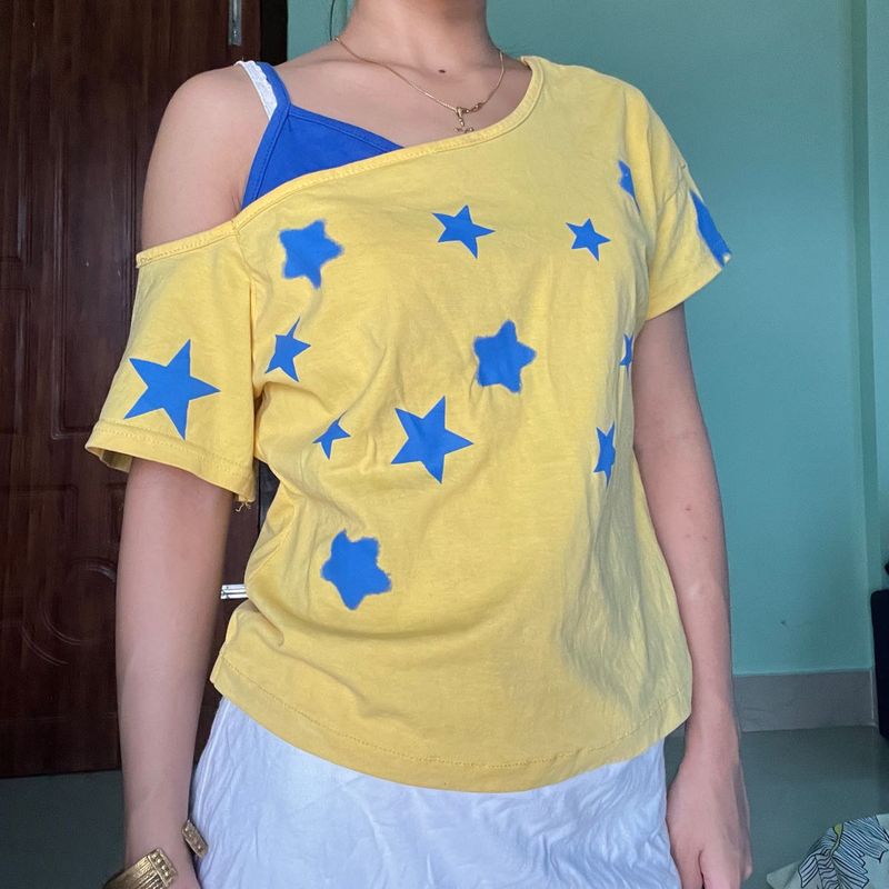 Yellow Star Print Cold Shoulder Top