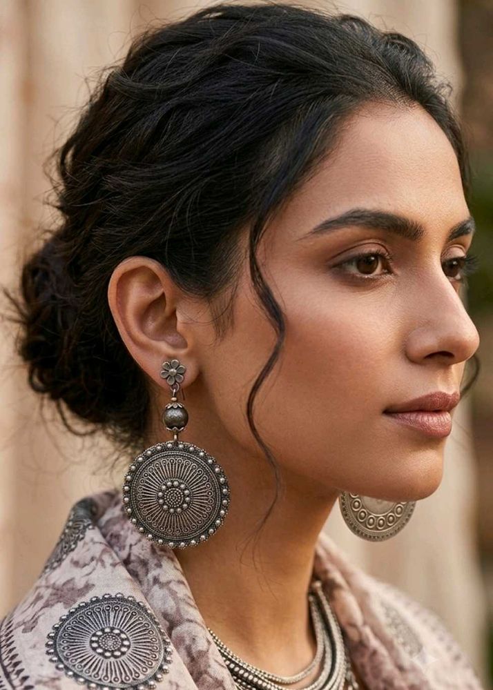 Silver Oxidised Round Earrings Set (Pack of 2)