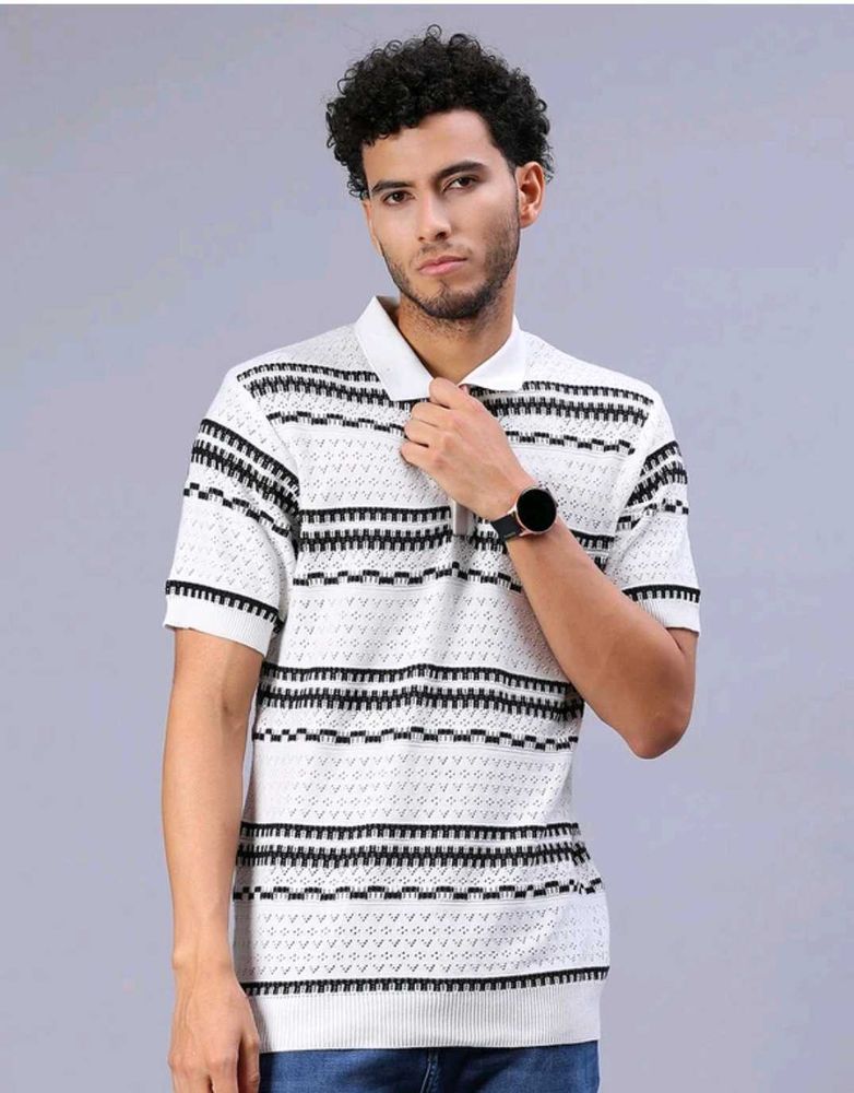 Flick Men's Striped self design Polo T-Shirt