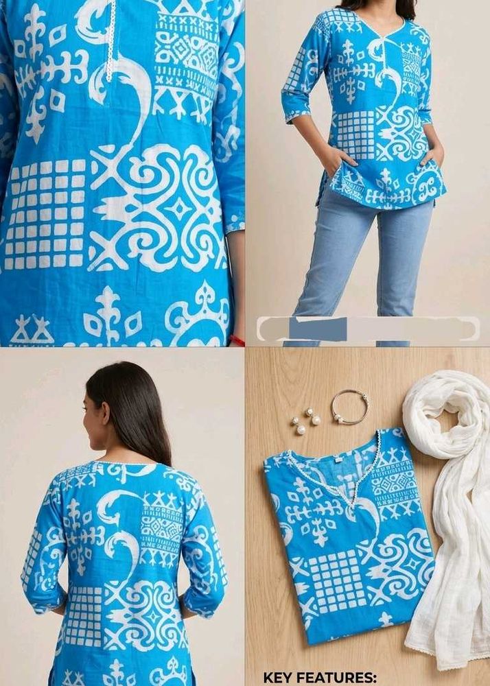 Blue &amp; White Printed Cotton Kurta