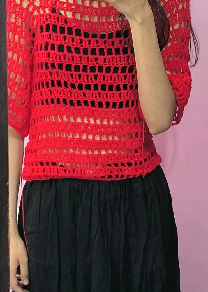 Red Crochet Knit Top