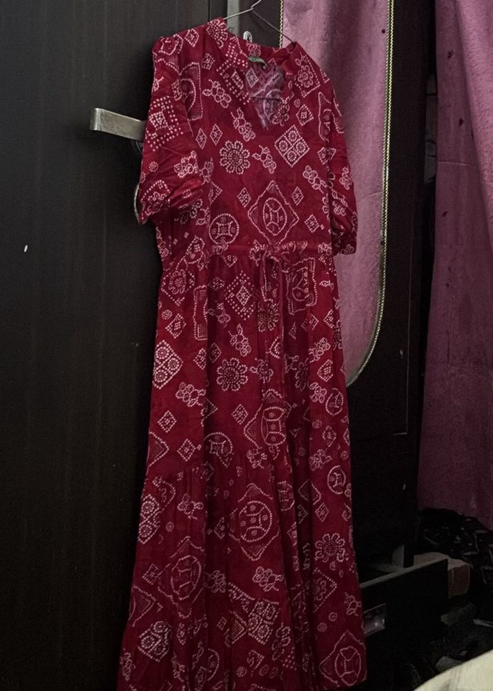 Stylish Red Bandhani Print Maxi Dress