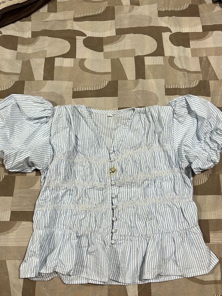 Striped Puff Sleeve Peplum Top
