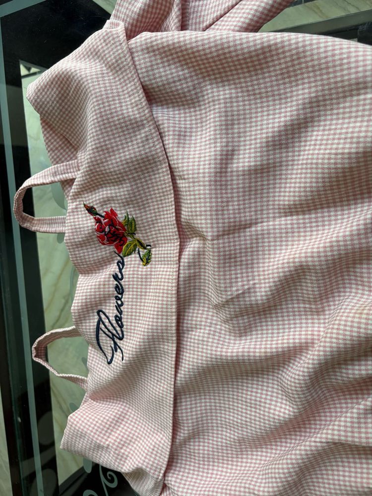 Cute Pink Gingham Blouse with Floral Embroidery