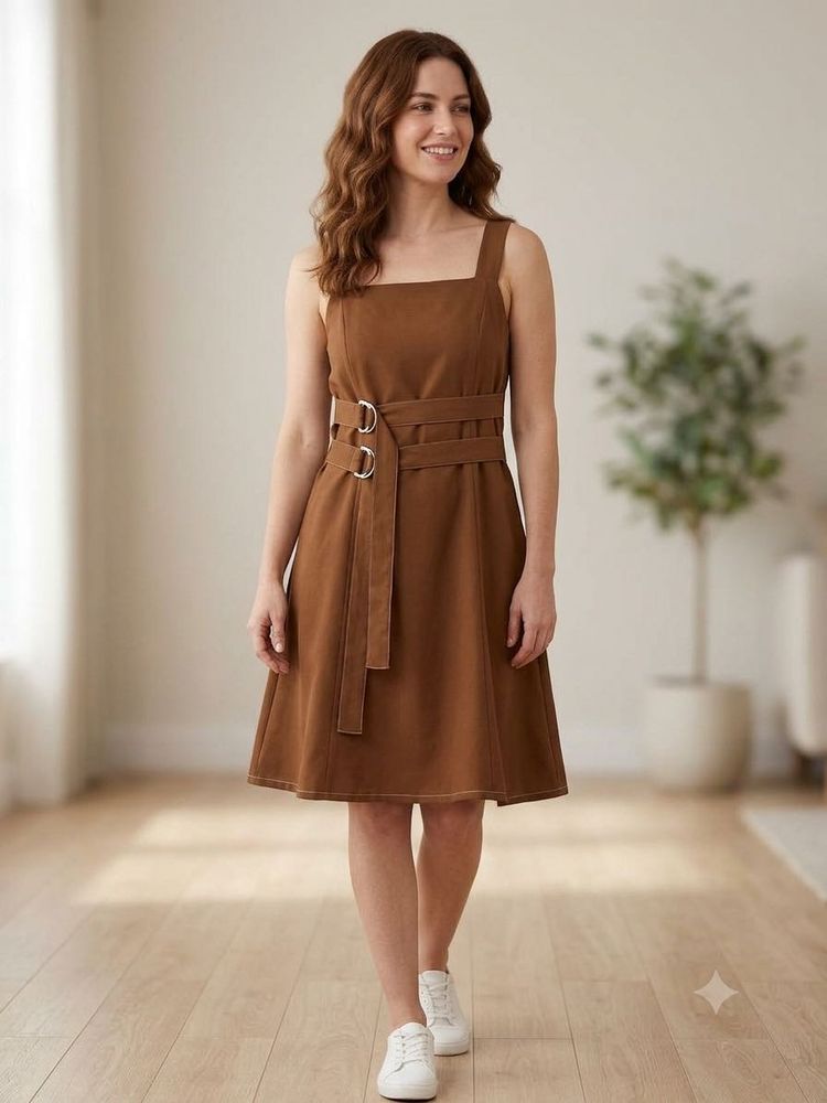Brown Sleeveless Midi Dress with Belt