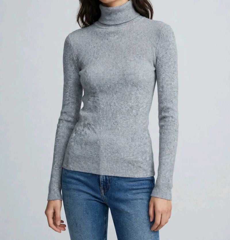 Ribbed Grey Turtleneck Sweater