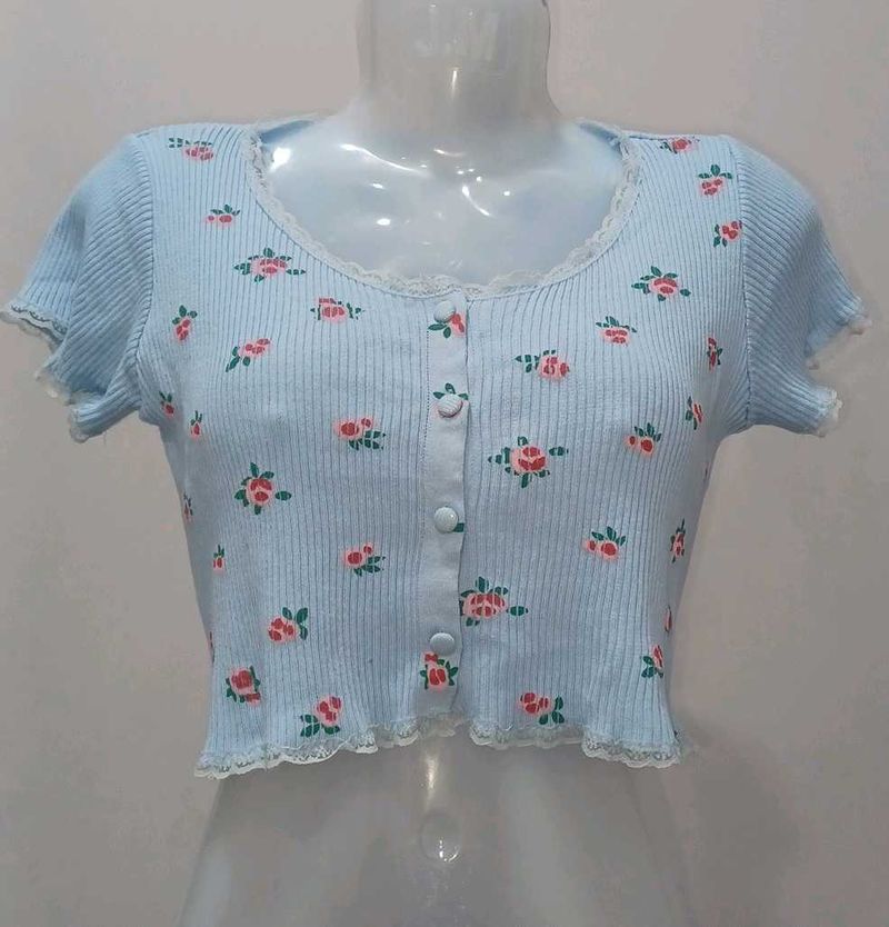 Floral Crop Top with Lace Trim