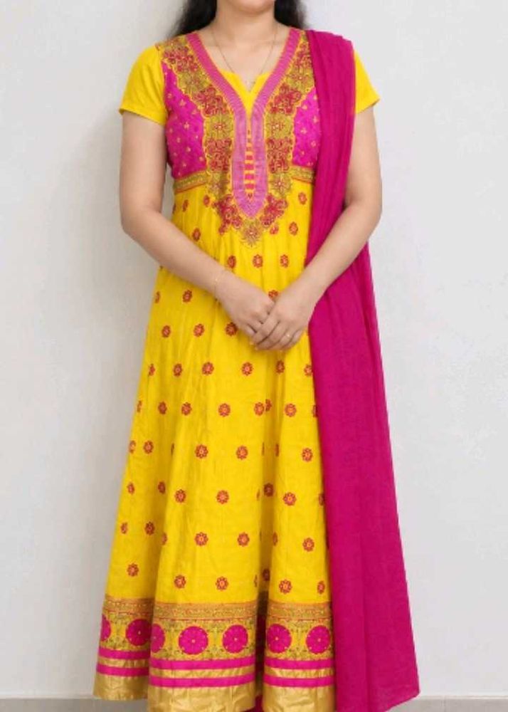 Vibrant Yellow Kurta Set with Pink Dupatta