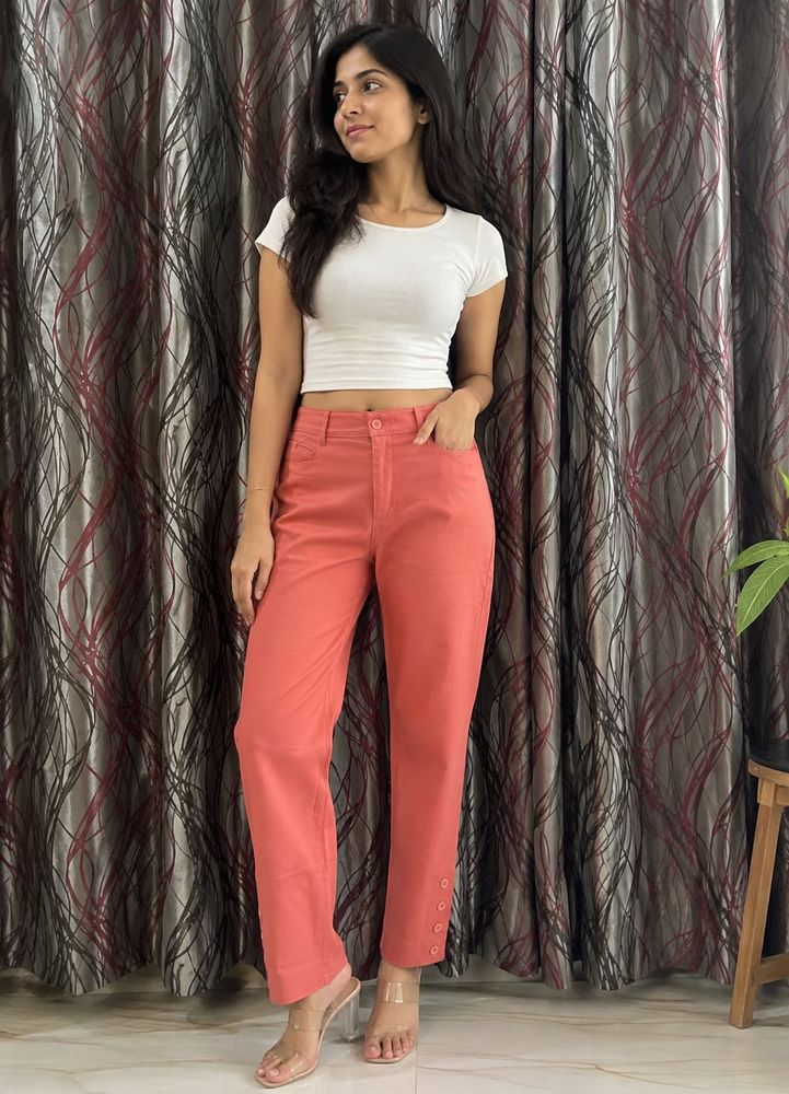 Coral  Pants with Button Detail