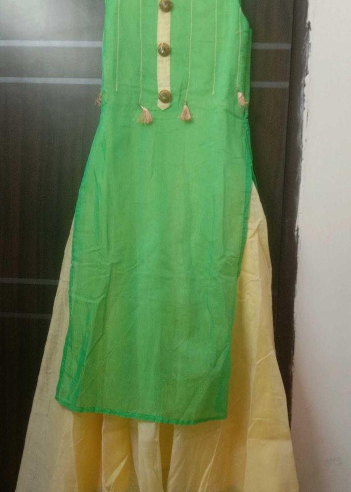 Green Kurti with Yellow Skirt