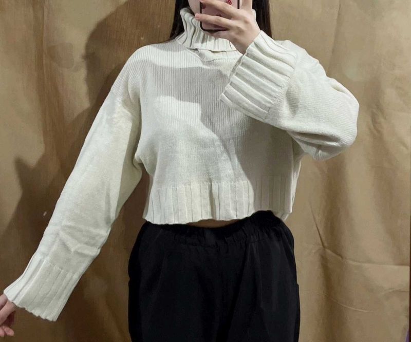 Cream Ribbed Turtleneck Cropped Sweater