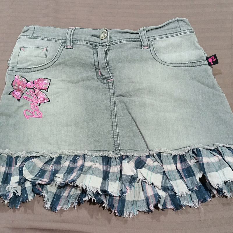 Denim Skirt with Plaid Ruffle