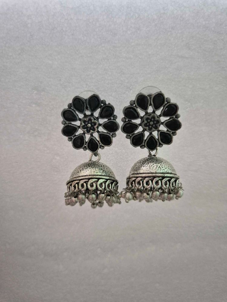 Black Floral Jhumka Earrings