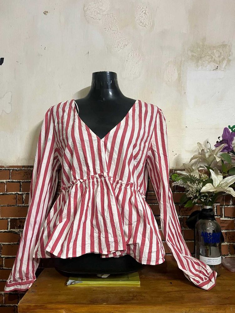 ZARA - Striped V-Neck Peplum Top
