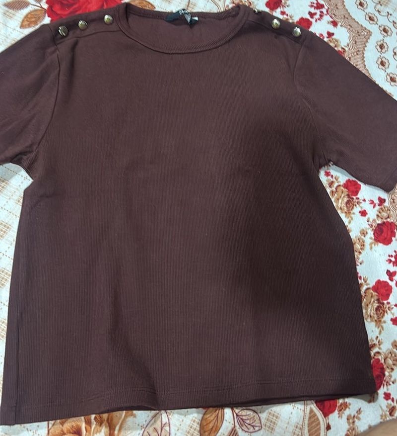 people Brown Ribbed T-shirt with Button Detail