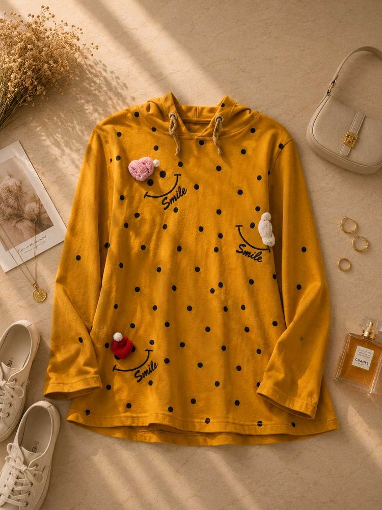 Cute Mustard Hoodie like top with Polka Dots