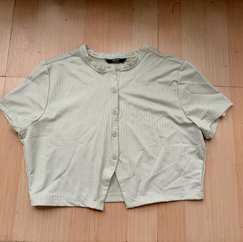 Ribbed Cropped Button-Up Top