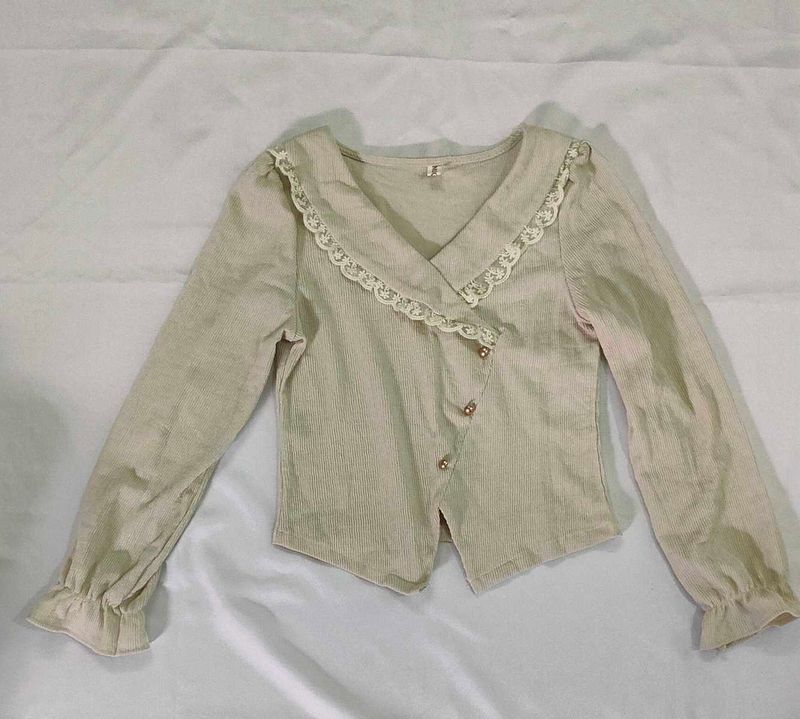 Cream Corduroy Lace Trim Blouse