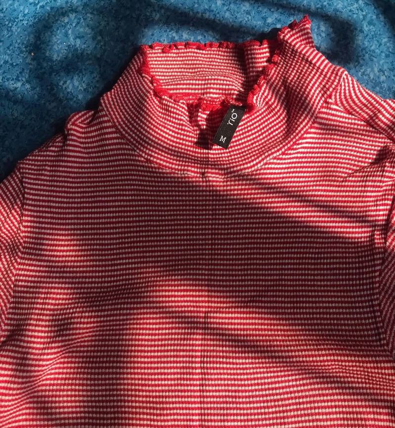 Red Striped Mock Neck Top