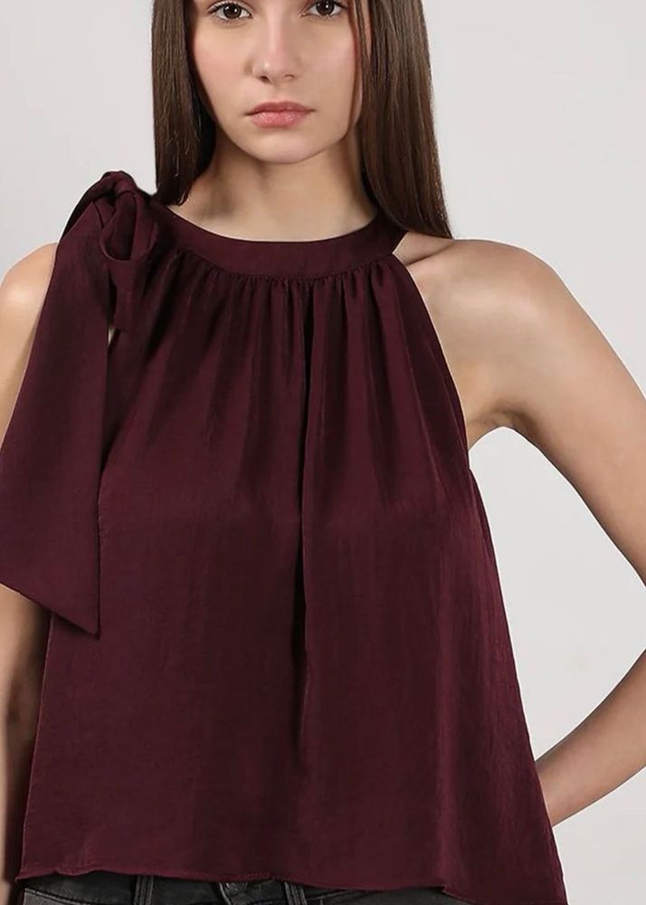 Chic Burgundy Halter Neck Top with Bow Detail