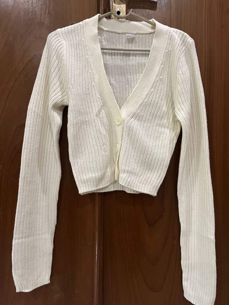 Cream Ribbed V-Neck Cardigan