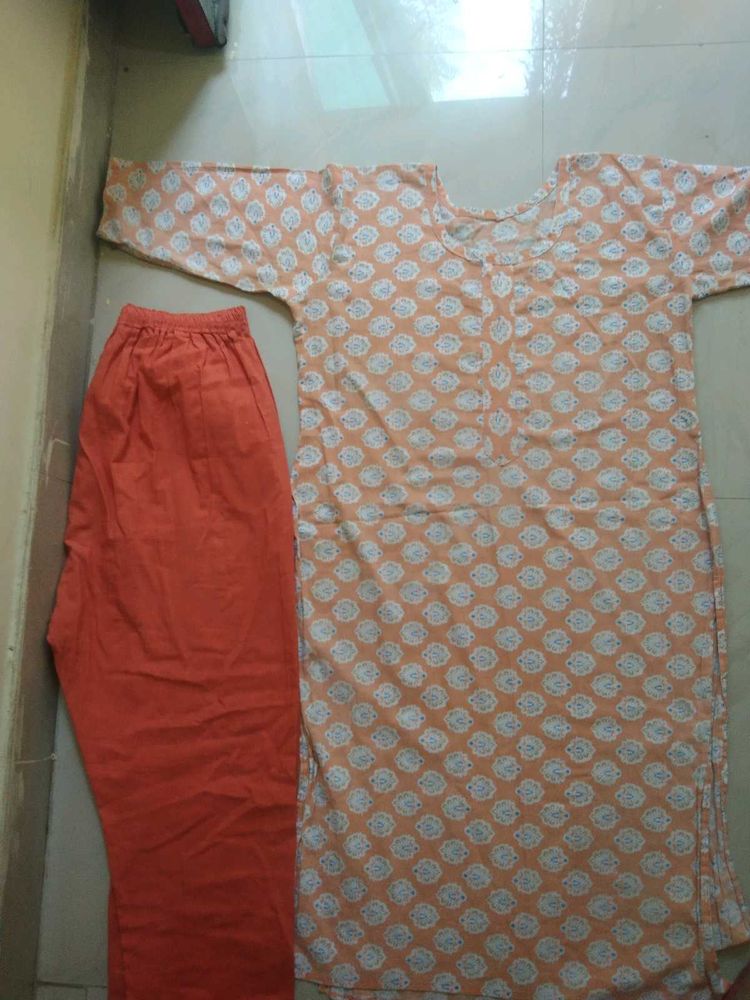 Peach Printed Kurta with Orange Pants