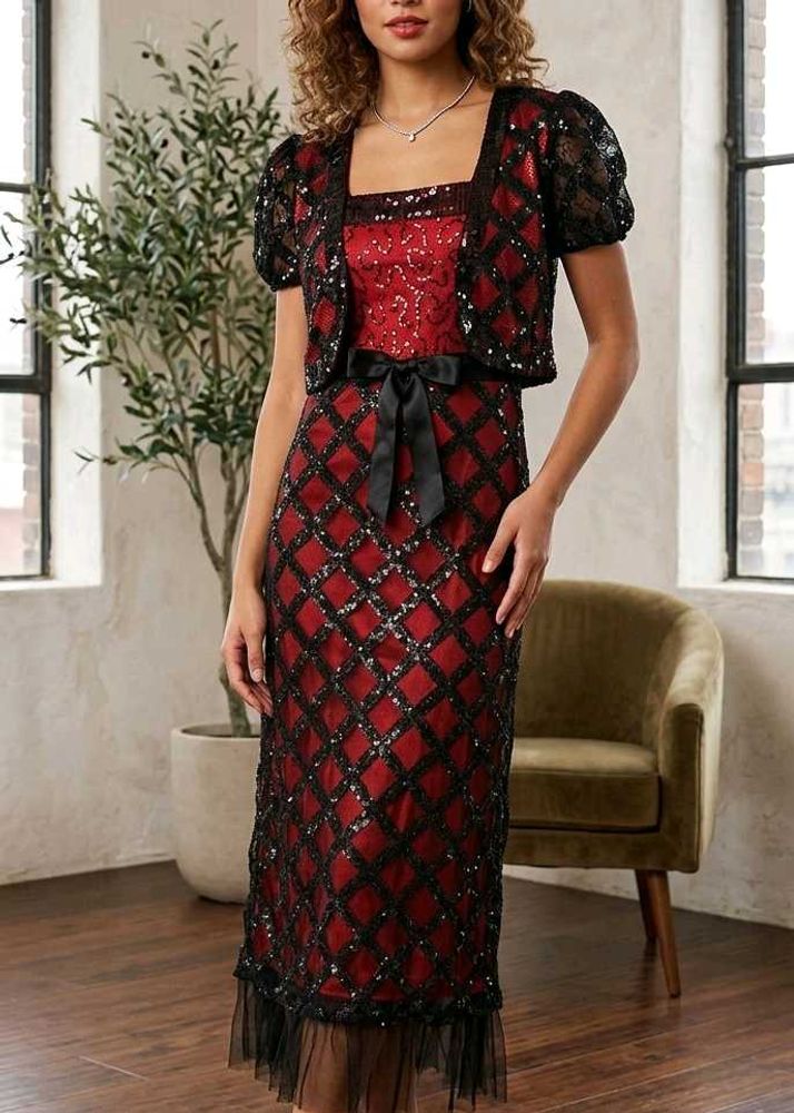 Sparkling Red &amp; Black Dress with Shrug