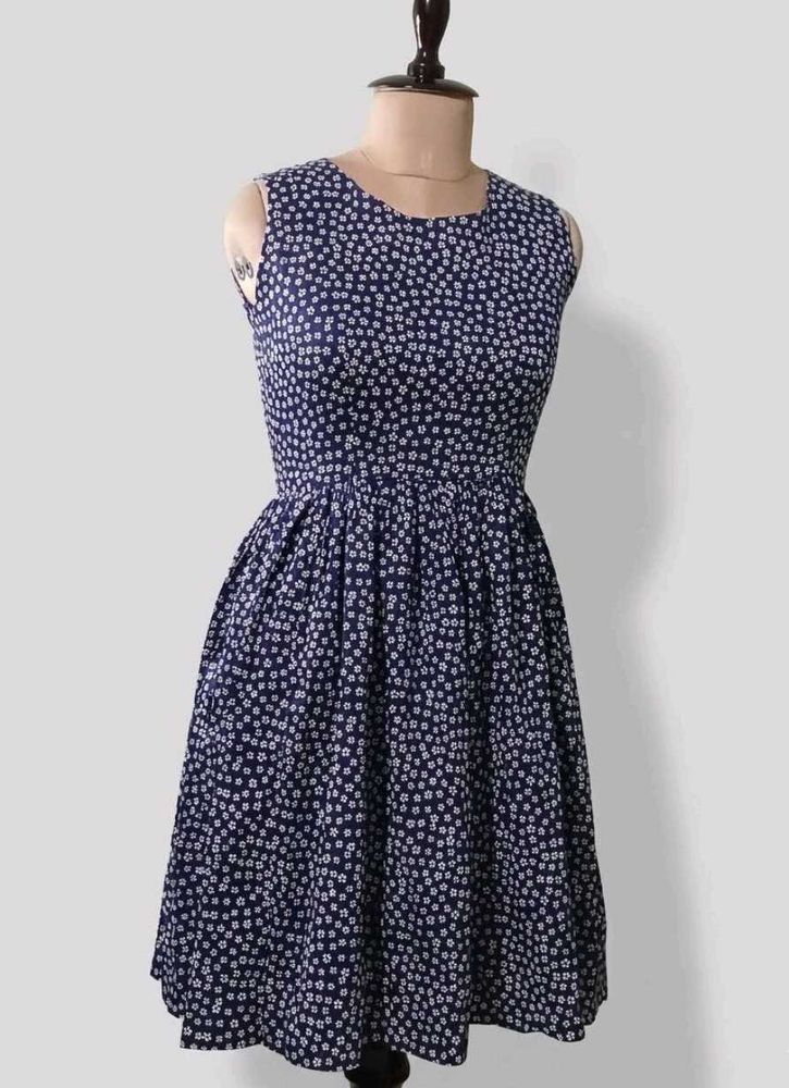 Navy Floral Print Sleeveless Dress