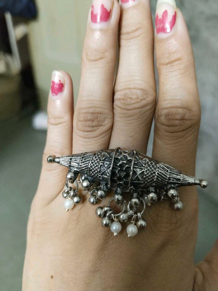 Boho Oxidized Silver Ring with Pearls