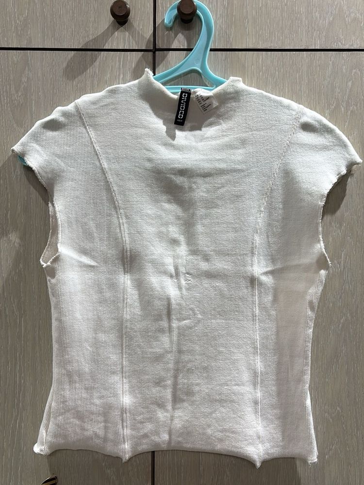 White Ribbed Sleeveless Mock Neck Top