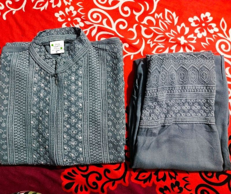 GREY EMBROIDERY KURTA PANT SET