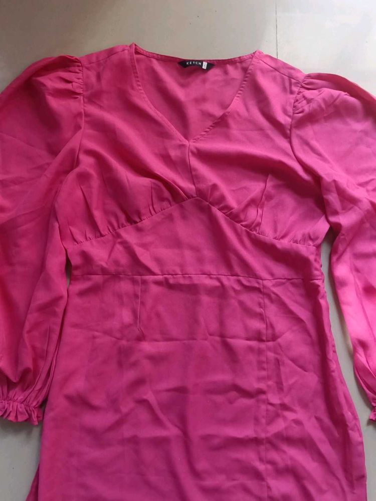 Chic Puff Sleeve V-Neck Pink Dress