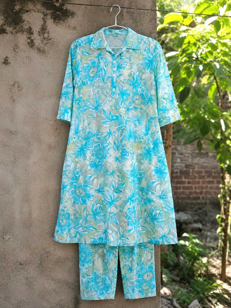 Blue Floral Print Kurta and Pant Set