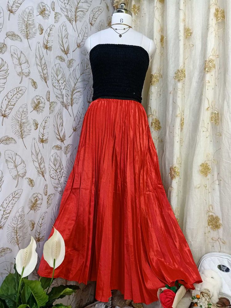 Vibrant Red Pleated Maxi Skirt